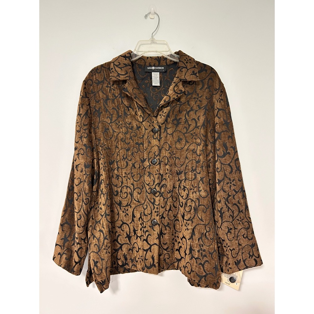 VTG New Velvet Sag Harbor Brown Black Scroll Damask Button Front Jacket NWT 14P